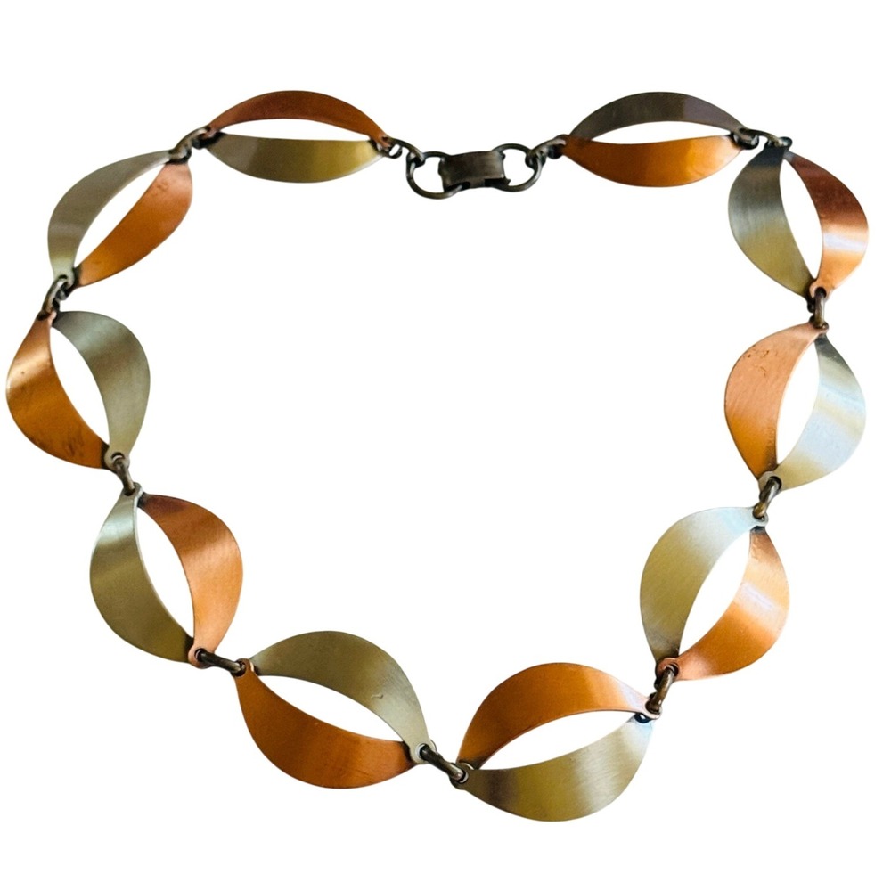 Runway Sculptural Necklace VTG Collar two tone silver copper Metal Modernist MCM